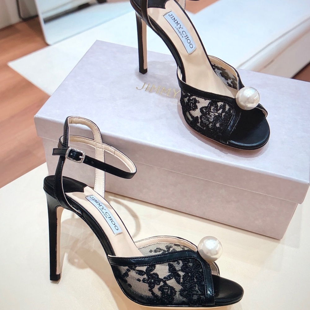 Jimmy Choo Black Lace Pearl-Embellished Ankle-Strap Heels - Picture 4 of 6